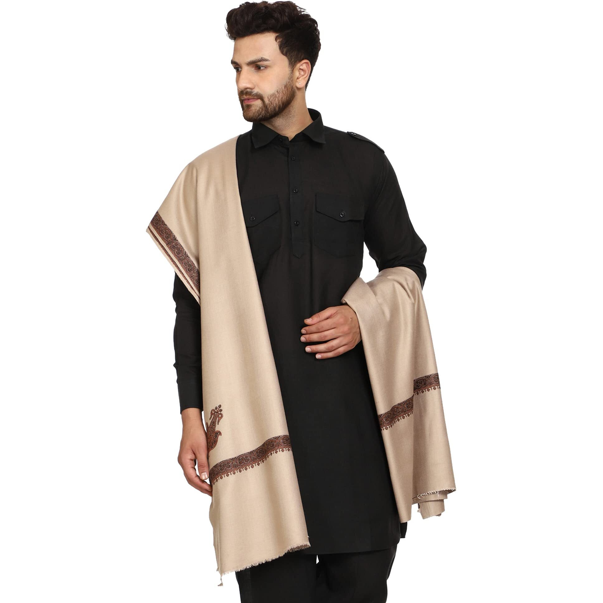 Swi With Label Men's Kashmiri Embroidered Wool Shawl (Gc106_Brown_Free Size)