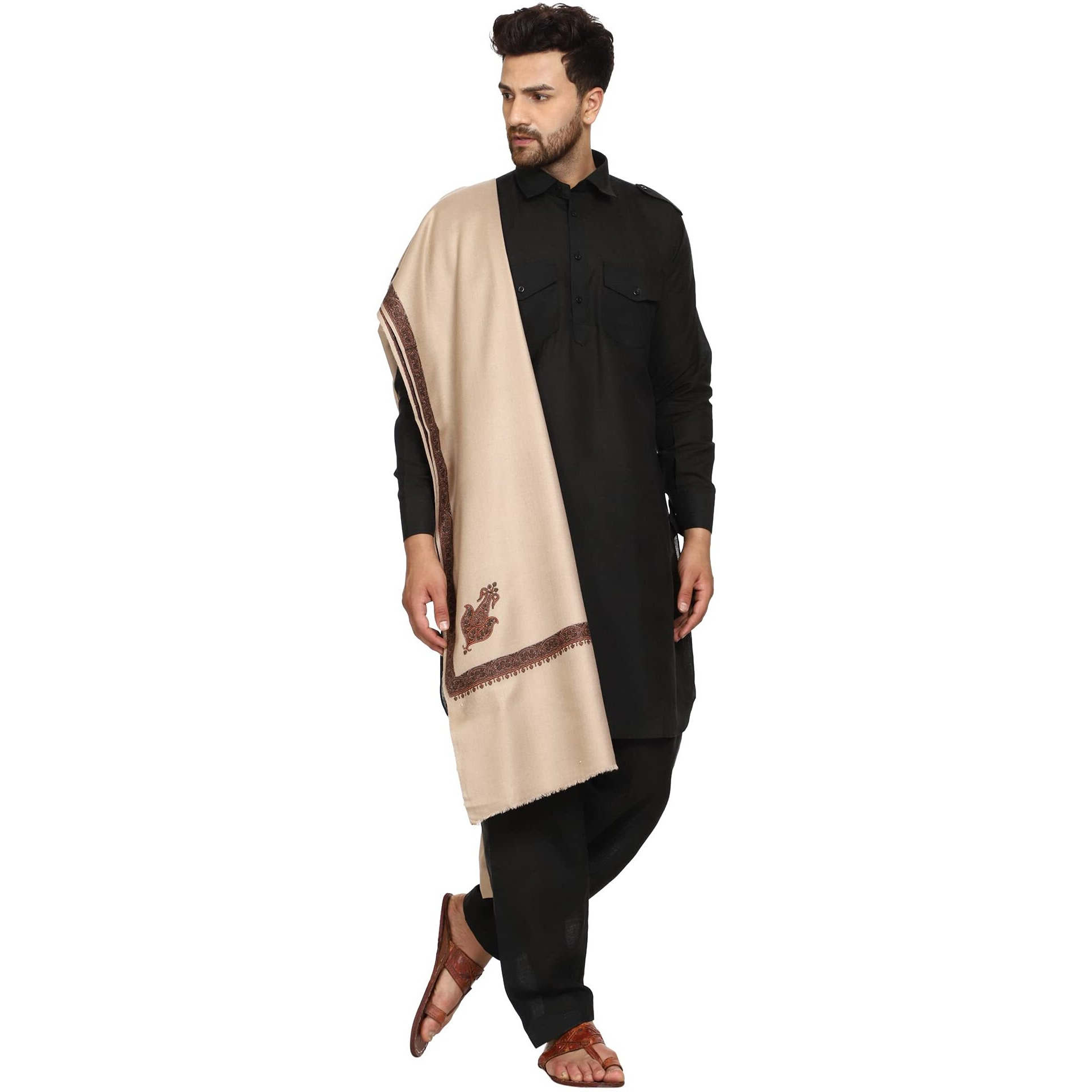Swi With Label Men's Kashmiri Embroidered Wool Shawl (Gc106_Brown_Free Size)