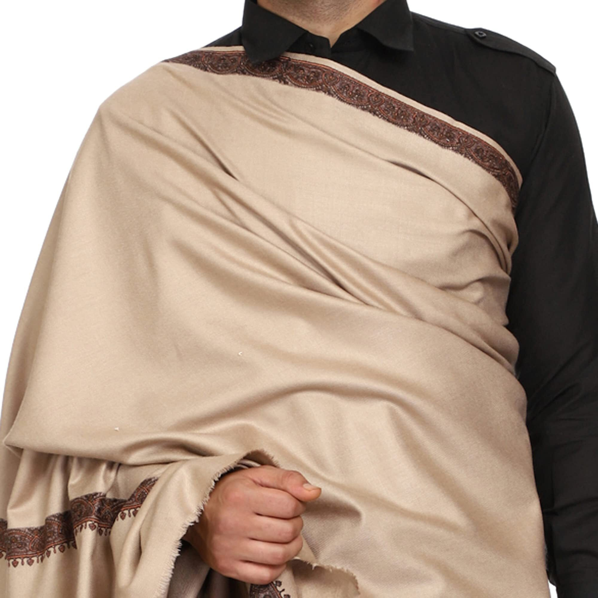 Swi With Label Men's Kashmiri Embroidered Wool Shawl (Gc106_Brown_Free Size)