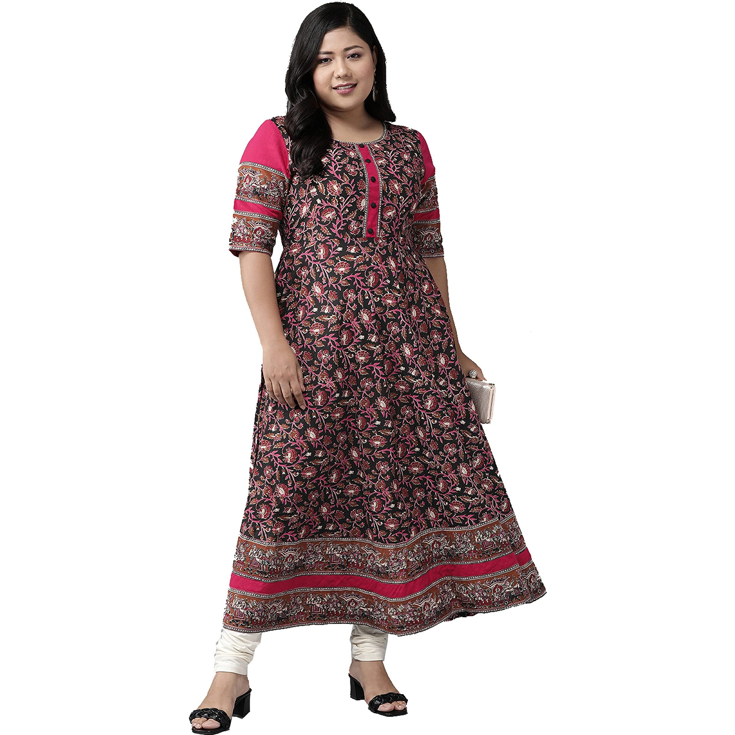 Yash Gallery Women's Plus Size Cotton Floral Printed Anarkali Kurta For Women (1262Ykblack_Black_Xx-Large)