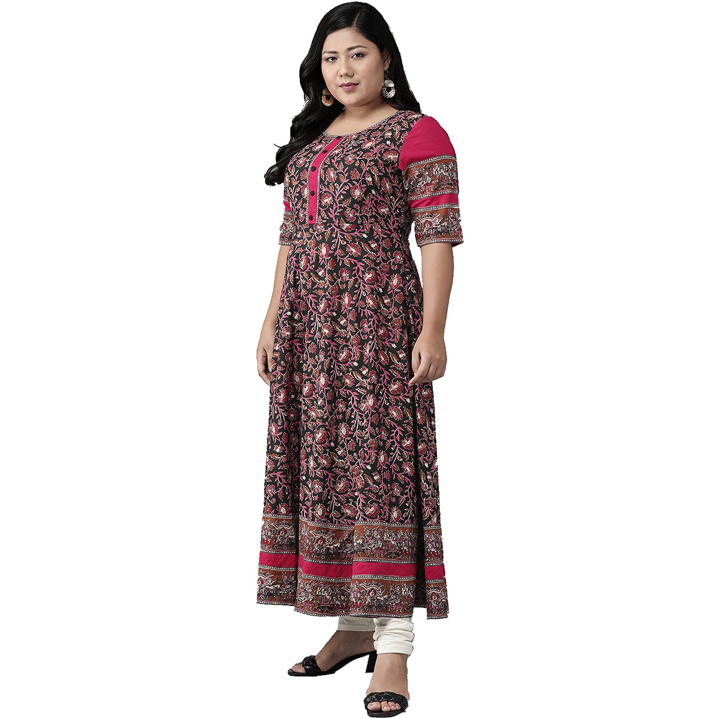 Yash Gallery Women's Plus Size Cotton Floral Printed Anarkali Kurta For Women (1262Ykblack_Black_Xx-Large)