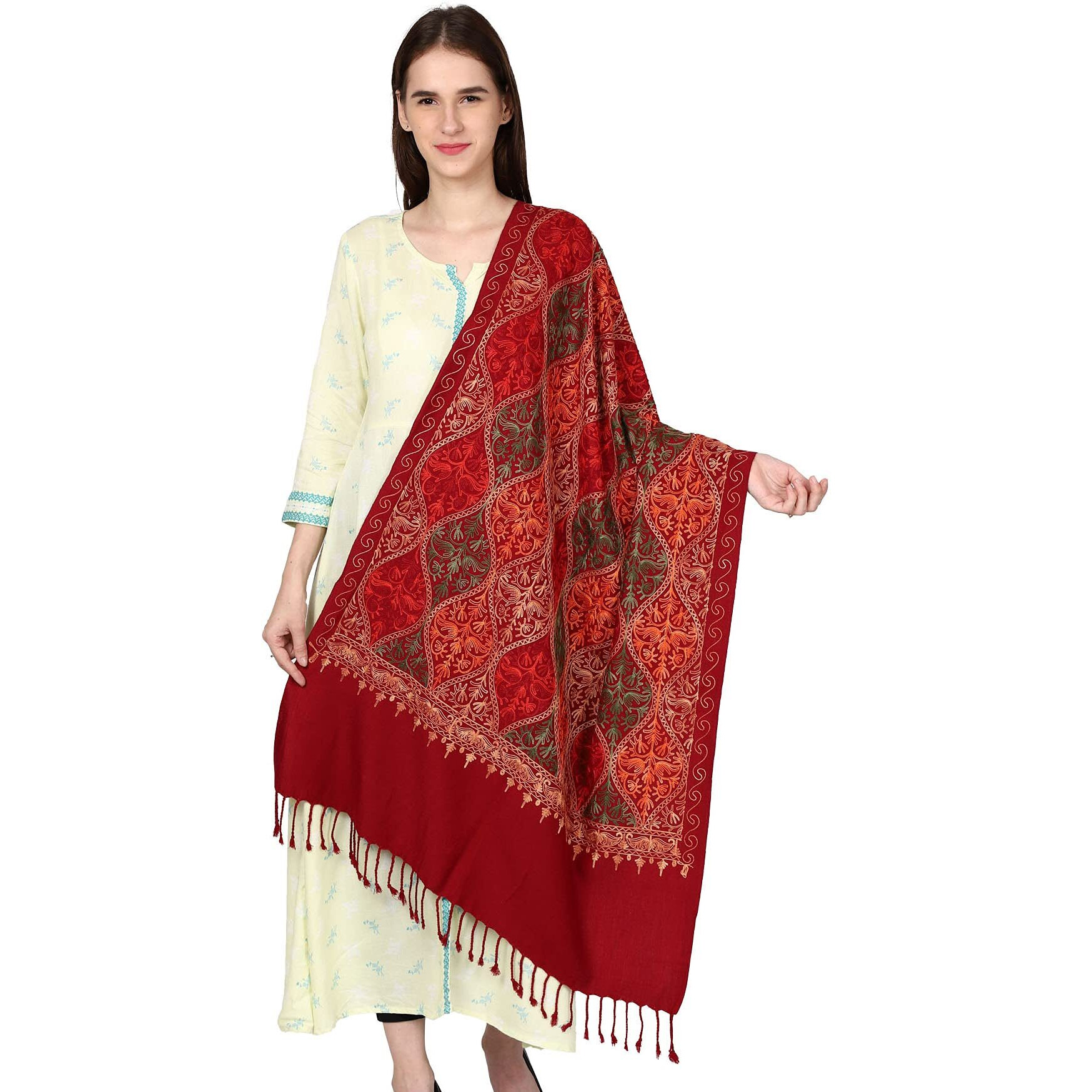 Weavers Villa Women's Wool Blend Full Embroidery Matka Shawls,Stoles (Maroon), 70Cm X 200Cm