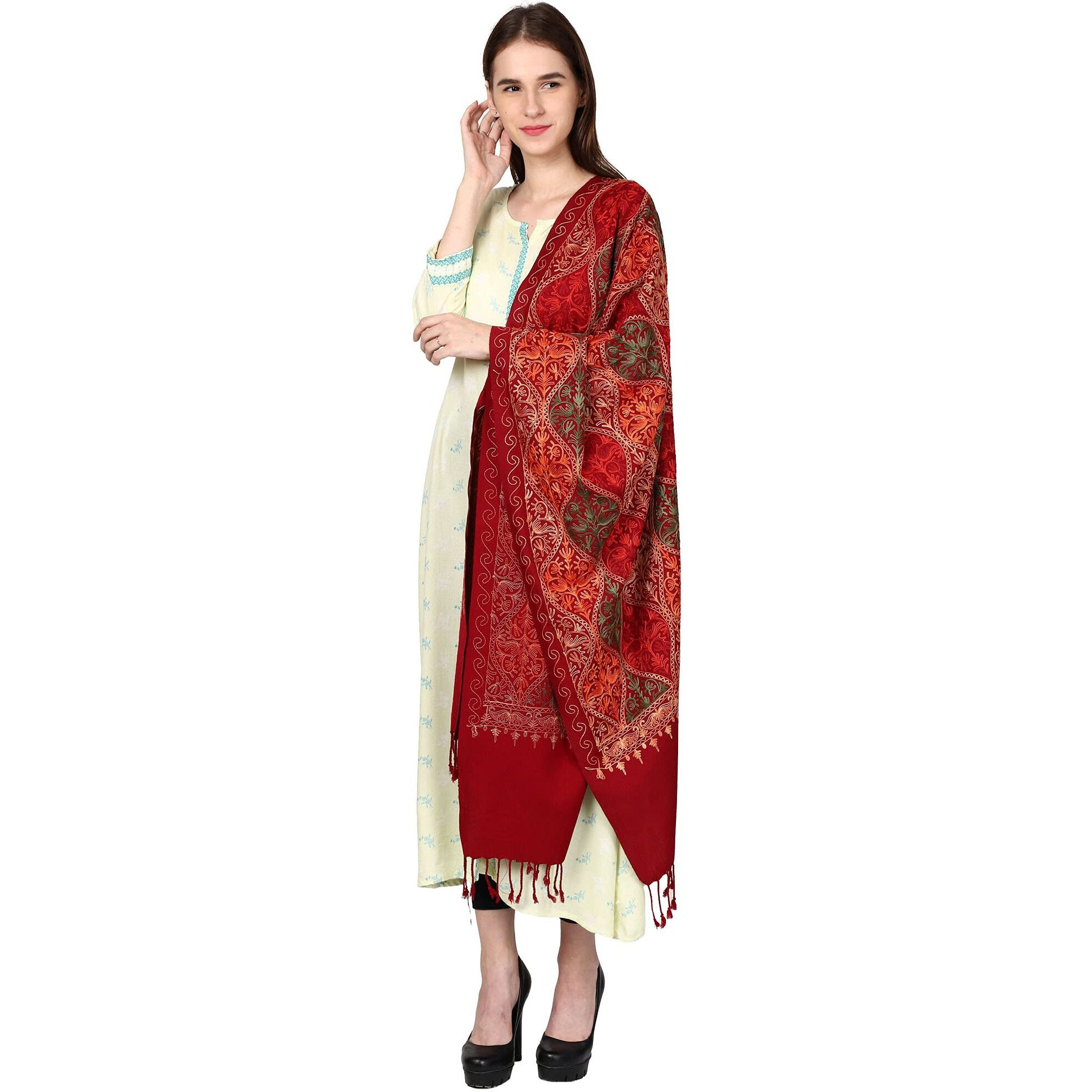 Weavers Villa Women's Wool Blend Full Embroidery Matka Shawls,Stoles (Maroon), 70Cm X 200Cm