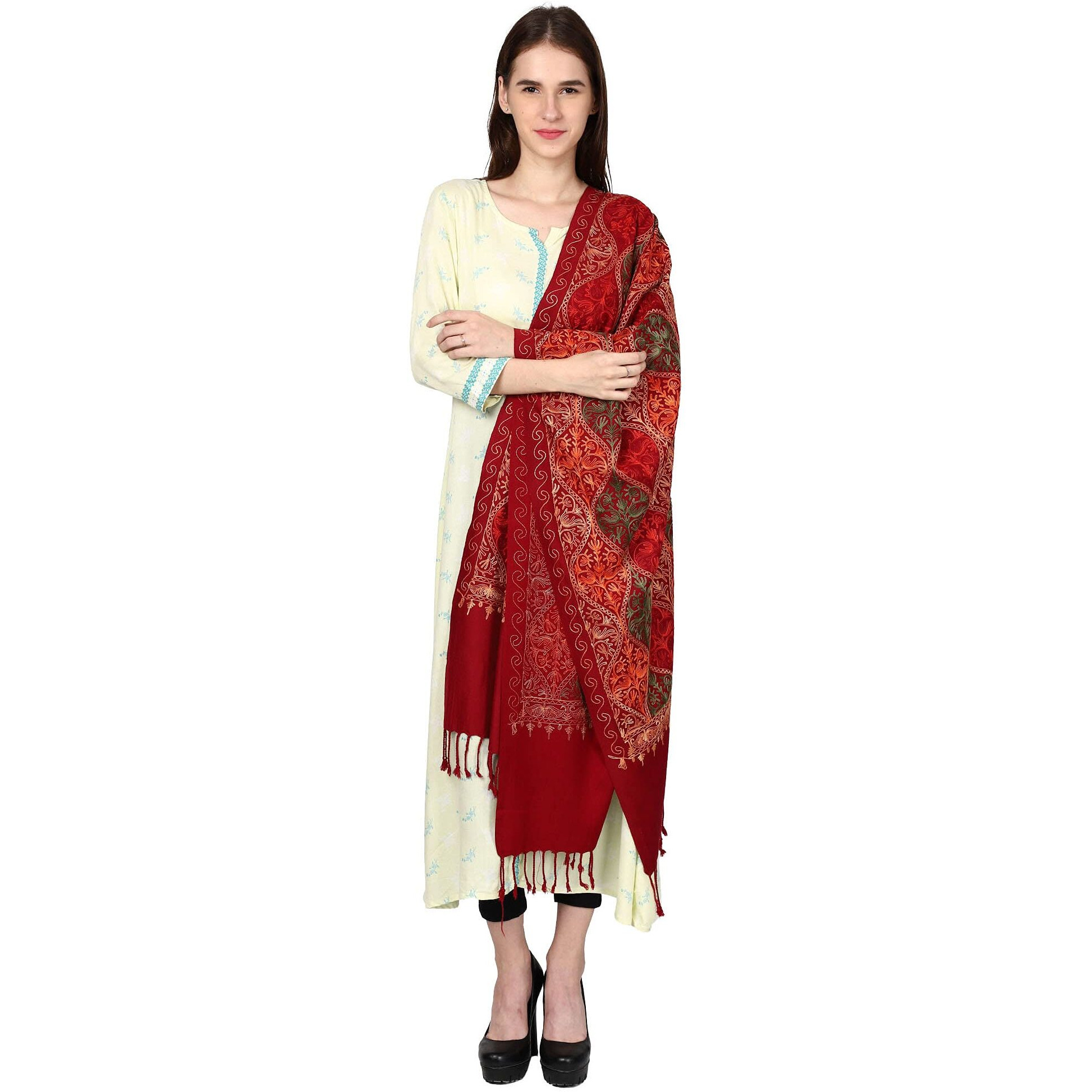 Weavers Villa Women's Wool Blend Full Embroidery Matka Shawls,Stoles (Maroon), 70Cm X 200Cm