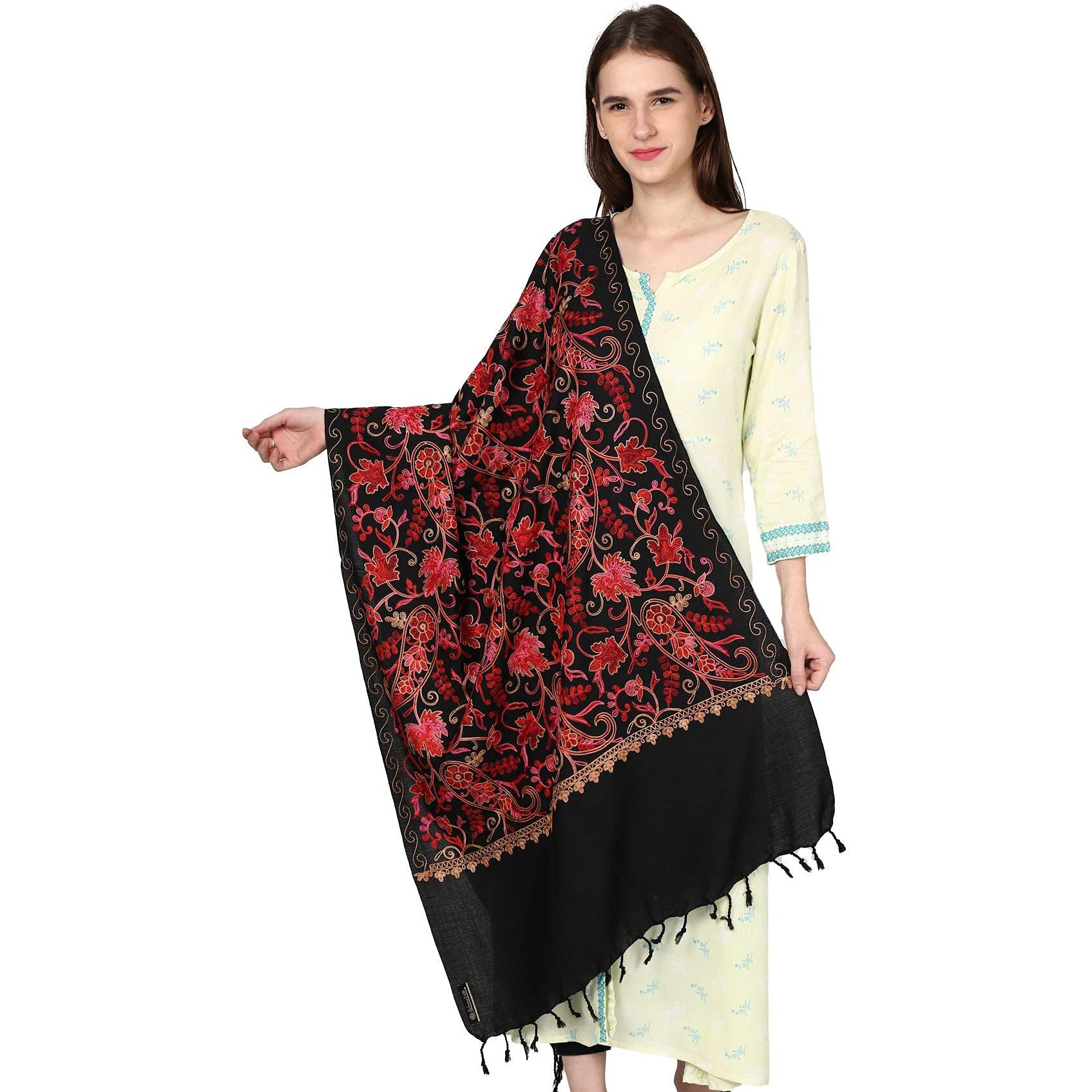 Weavers Villa Women's Kashmiri Aari Embroided Floral Cashmilon Stoles, Shawls, Wraps, 70Cm X 200Cm