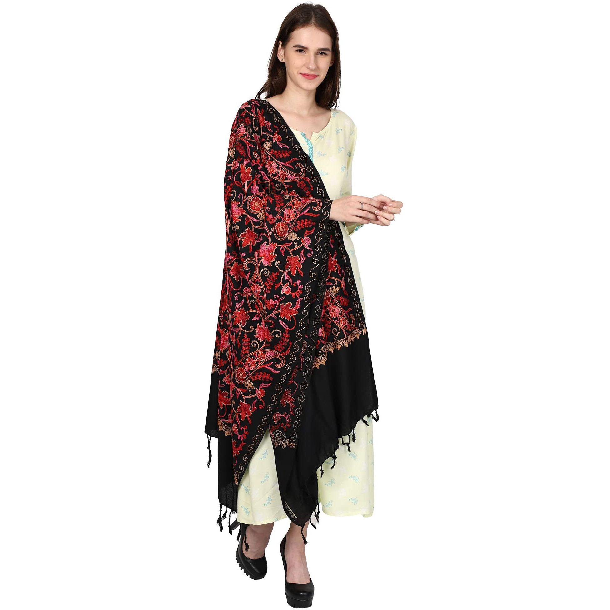 Weavers Villa Women's Kashmiri Aari Embroided Floral Cashmilon Stoles, Shawls, Wraps, 70Cm X 200Cm