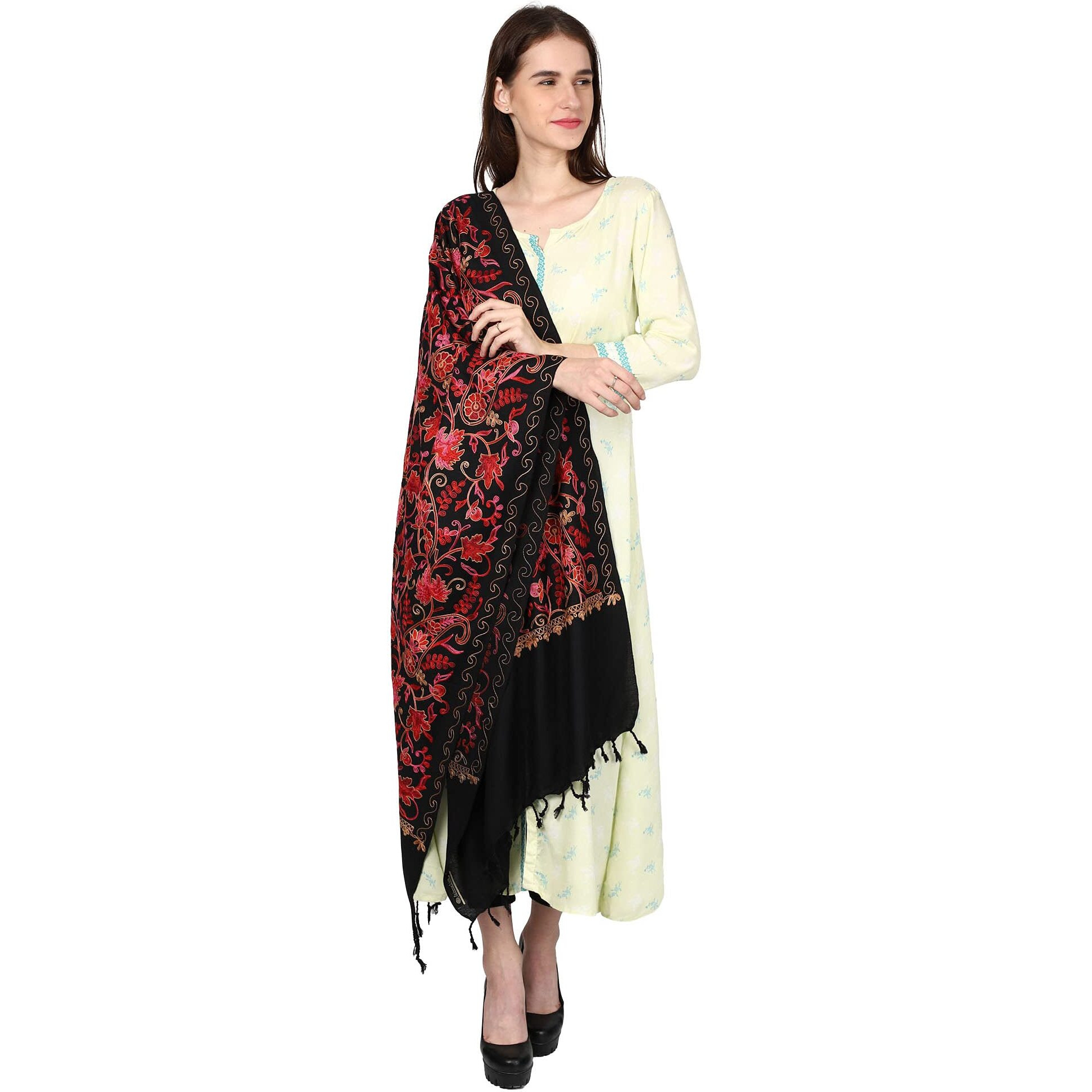 Weavers Villa Women's Kashmiri Aari Embroided Floral Cashmilon Stoles, Shawls, Wraps, 70Cm X 200Cm