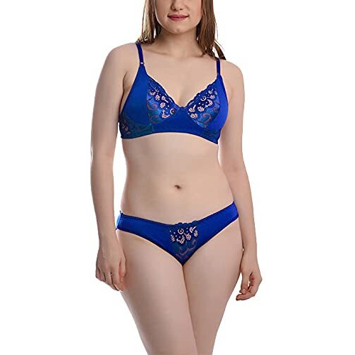 Fims - Fashion Is My Style Soft Cotton Blend Bra Panty Set For Women, Non-Padded, Non-Wired, Seamed, Floral Print, Full Coverage, Lingerie Set, Blue, Cup-B, Pack Of 1, Size-30