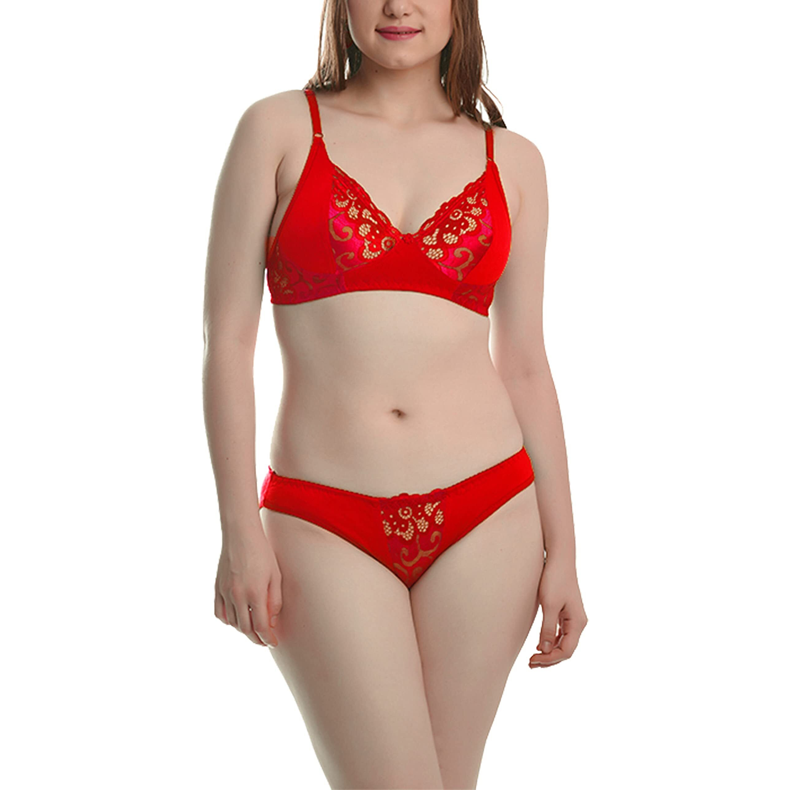 Fims - Fashion Is My Style Soft Cotton Blend Bra Panty Set For Women, Non-Padded, Non-Wired, Seamed, Floral Print, Full Coverage, Lingerie Set, Red Purple, Cup-B, Pack Of 2, Size-30
