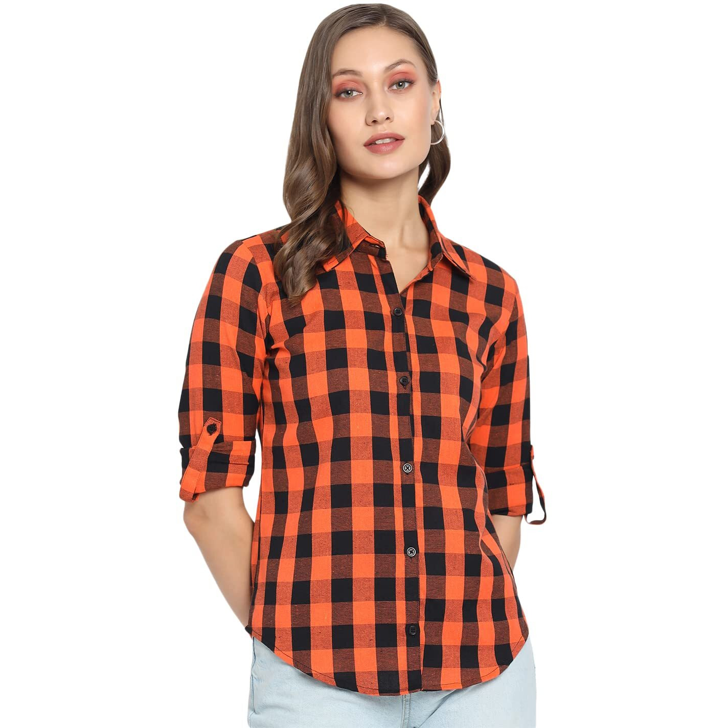 Vastraa Fusion Women's Cotton Regular Check Shirt/Top (Orange & Black, Size - L)