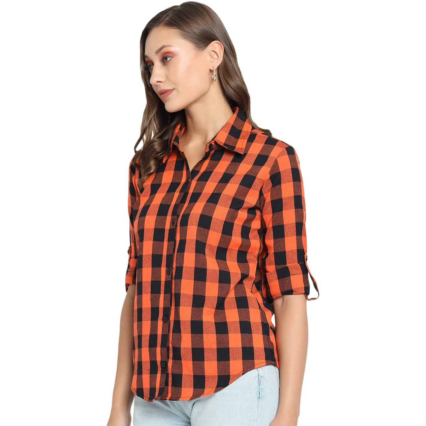 Vastraa Fusion Women's Cotton Regular Check Shirt/Top (Orange & Black, Size - L)
