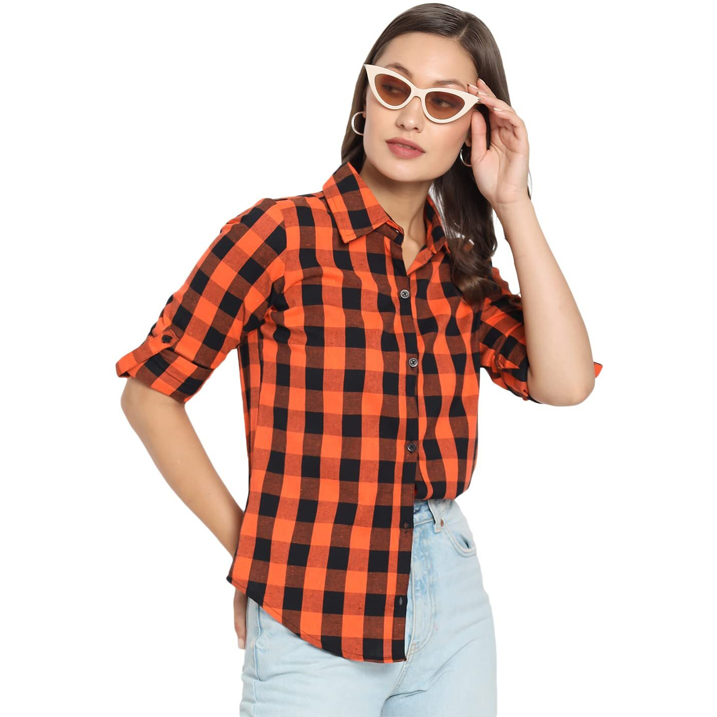 Vastraa Fusion Women's Cotton Regular Check Shirt/Top (Orange & Black, Size - L)