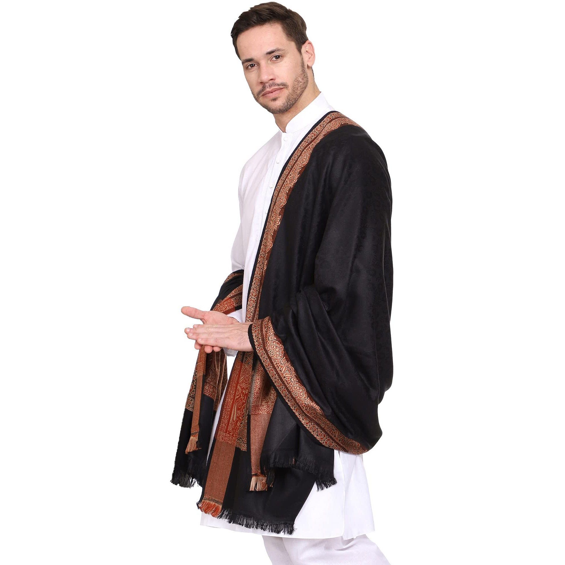 Weavers Villa Men's Woven Acro Wool Gents Shawls, Muffler, Stoles For Men (Black), 100Cm X 200Cm