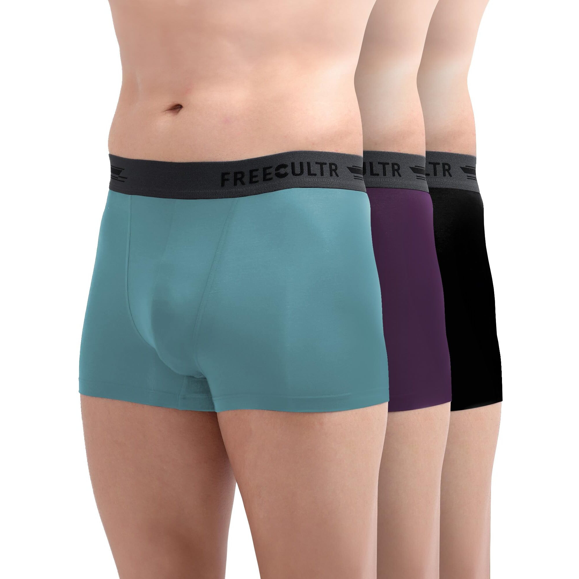 Freecultr Men's Underwear Anti Bacterial Micromodal Airsoft Trunk - Non Itch No Chaffing Sweat Proof - Size S Pack Of 3-Trippy Violet,Pot Black,Martini Blue