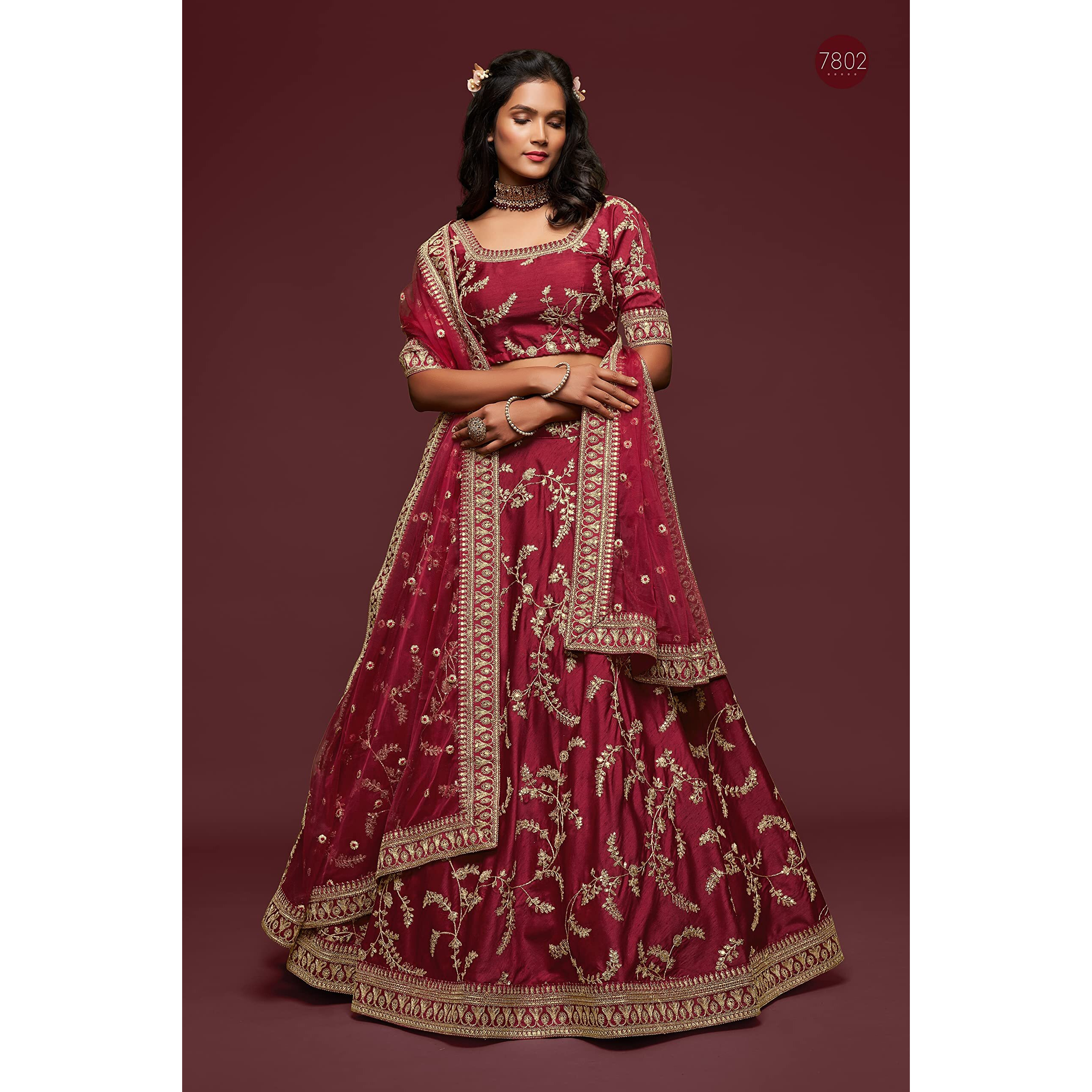 Zeel Clothing Women's Art Silk Semi-Stitched Lehenga Choli With Dupatta (7802-Maroon-Wedding-Bridal-Latest-Choli Free Size) (Maroon)