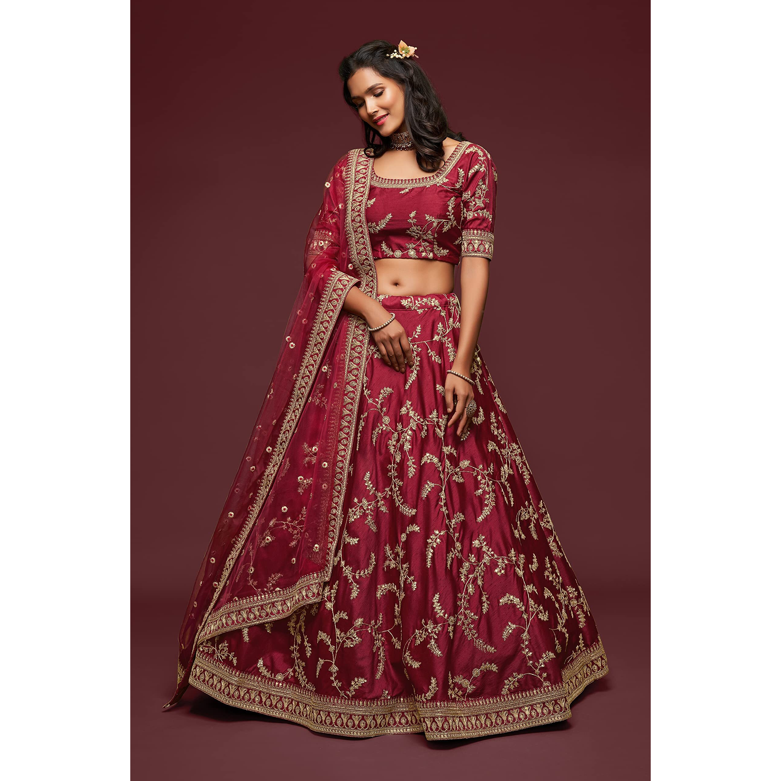 Zeel Clothing Women's Art Silk Semi-Stitched Lehenga Choli With Dupatta (7802-Maroon-Wedding-Bridal-Latest-Choli Free Size) (Maroon)