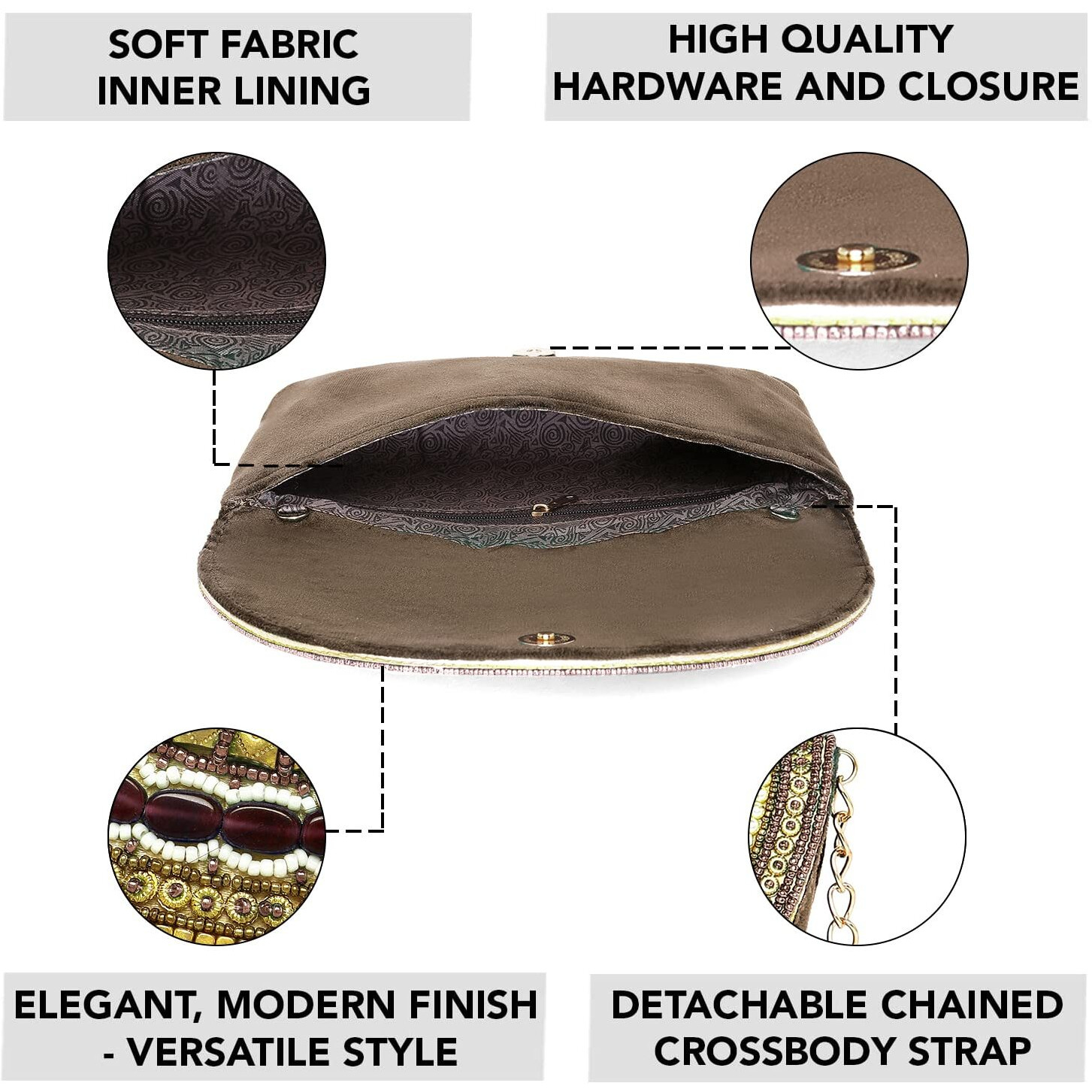 Peora Clutch Purses For Women Wedding Handmade Evening Handbags Party Bridal Clutch Grey