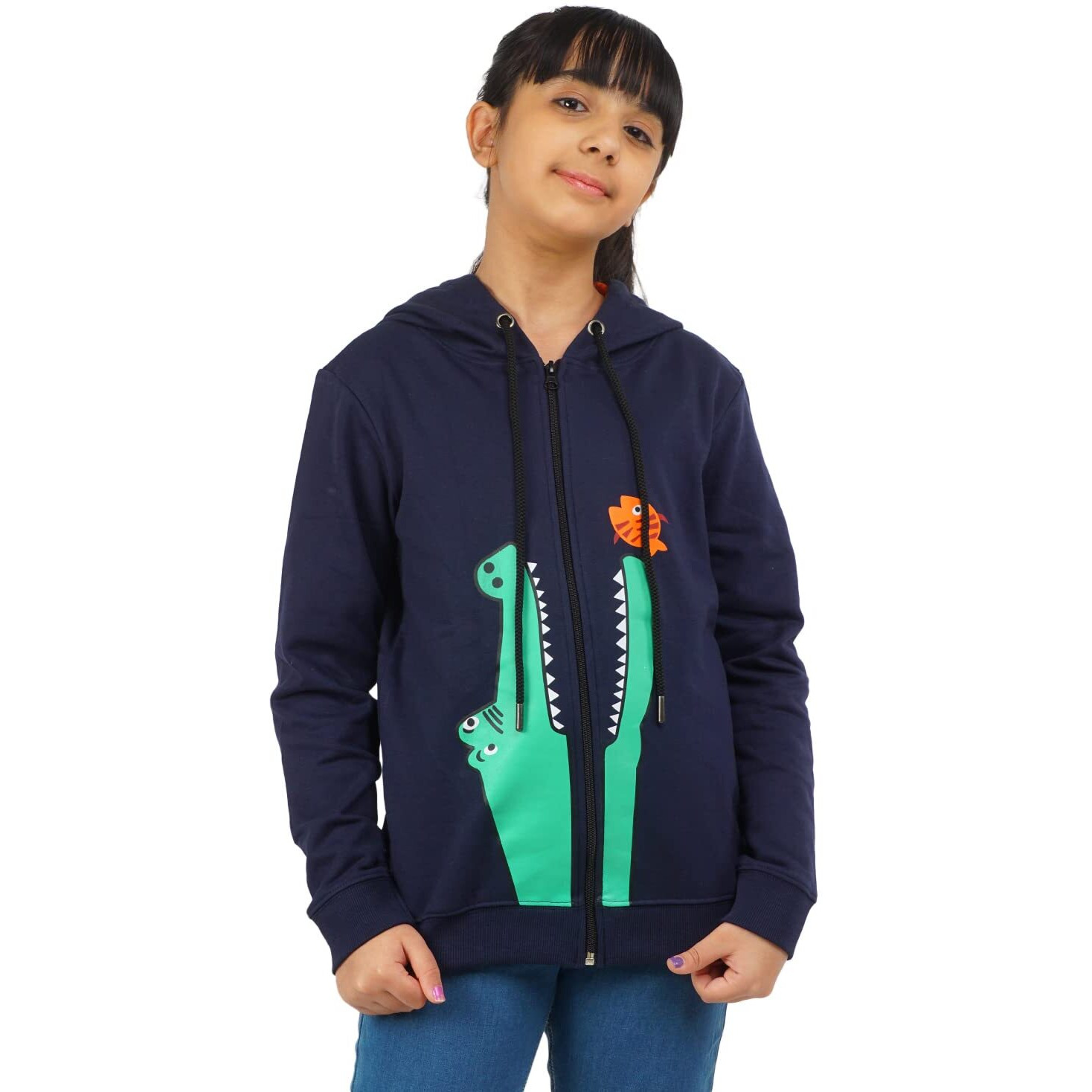 Real Basics Girls Cotton Hooded Sweatshirt(Rb-Ghood-P1-1516-Zipcrochoodie_Multicolor_15-16 Years) Dark Blue