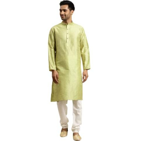 Sojanya (Since 1958, Men's Silk Blend Green & Gold Pintex Only Kurta, Size 38