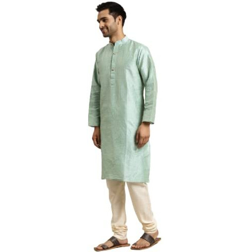 Sojanya (Since 1958, Men's Silk Blend Sea Green & Gold Pintex Only Kurta, Size 42