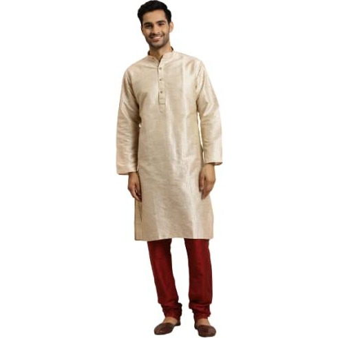 Sojanya (Since 1958, Men's Silk Blend Cream & Gold Pintex Only Kurta, Size 40