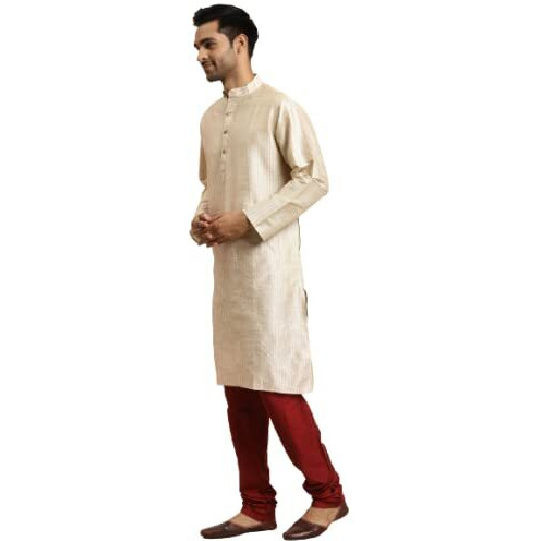 Sojanya (Since 1958, Men's Silk Blend Cream & Gold Pintex Only Kurta, Size 40