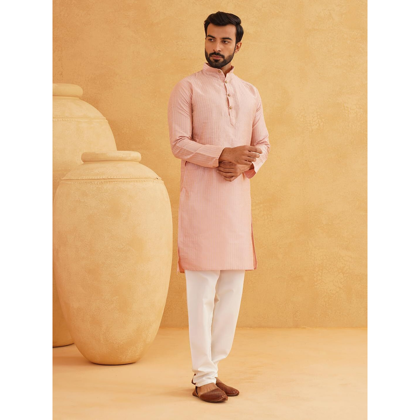 Sojanya (Since 1958, Men's Silk Blend Pink & Gold Pintex Only Kurta, Size 36