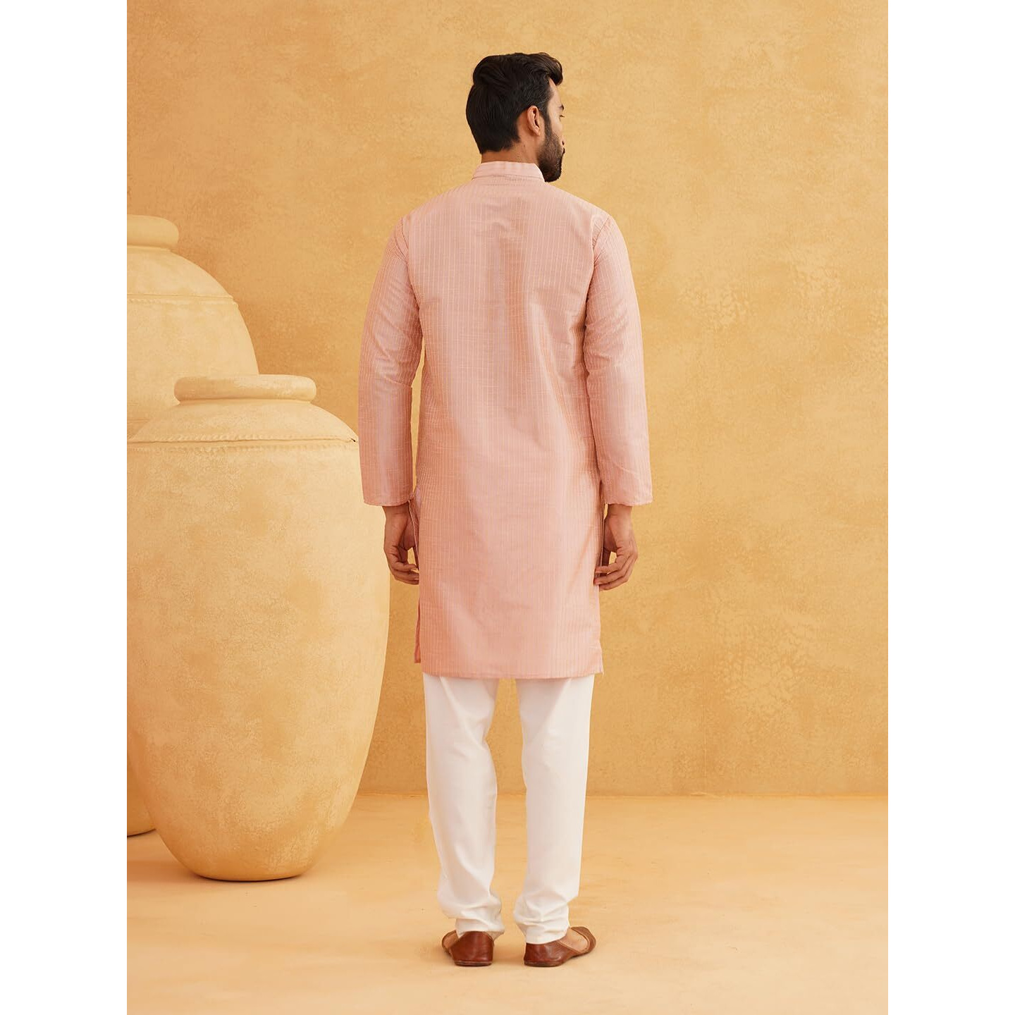 Sojanya (Since 1958, Men's Silk Blend Pink & Gold Pintex Only Kurta, Size 36