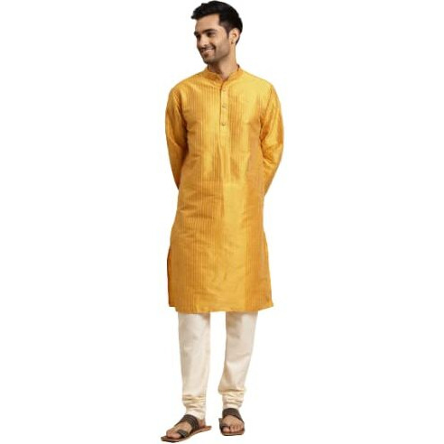 Sojanya (Since 1958, Men's Silk Blend Mustard & Gold Pintex Only Kurta, Size 40