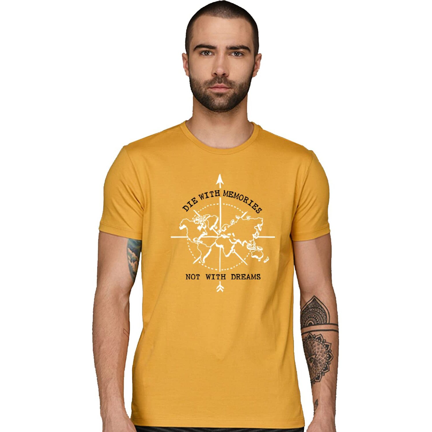 Adro Die With Memories Not With Dreams Mens Printed T-Shirt (S, Mustard)