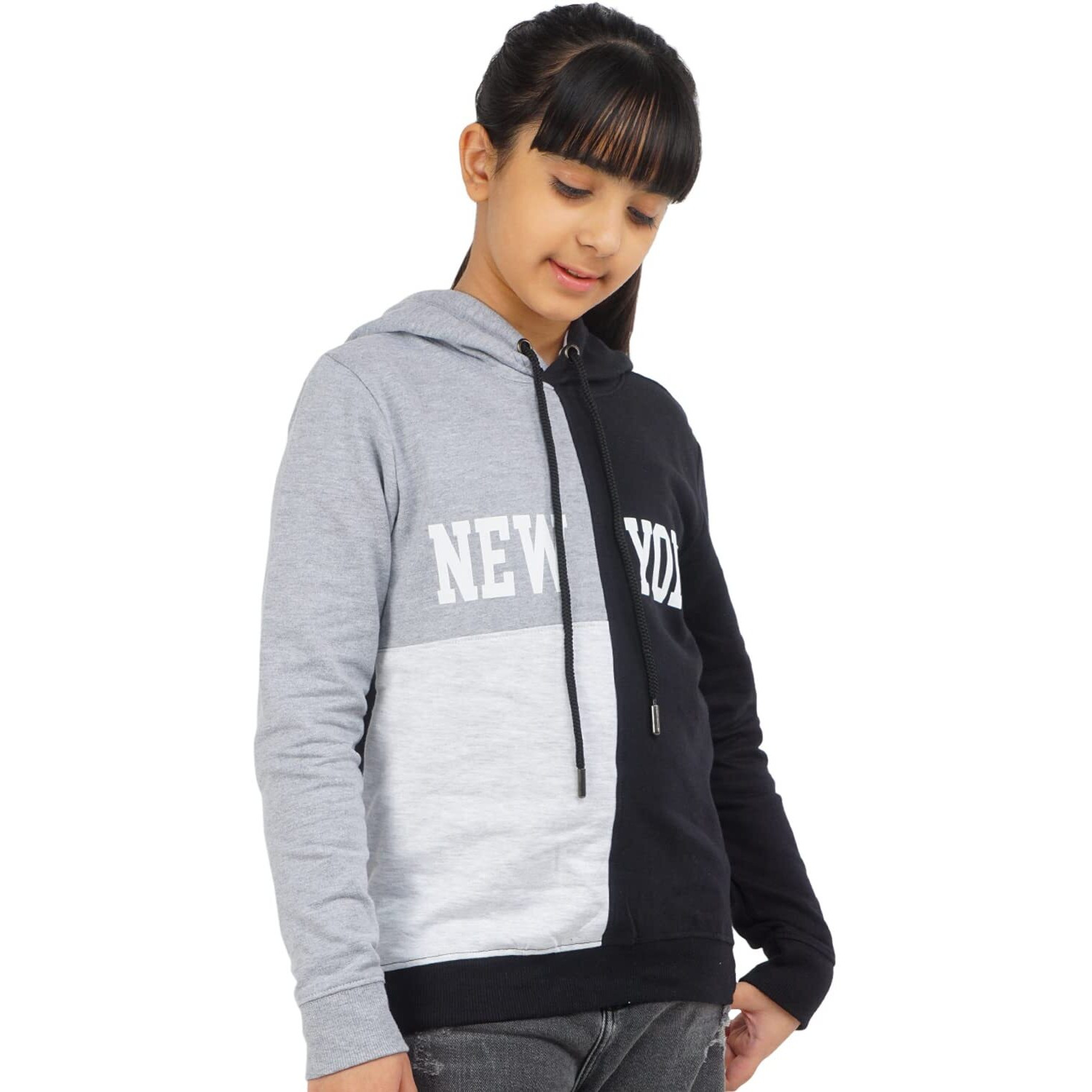 Real Basics Girls Cotton Hooded Neck Regular Hoodie (Rb-Ghood-P1-1516-Bgnewyork003_Grey_15-16 Years)