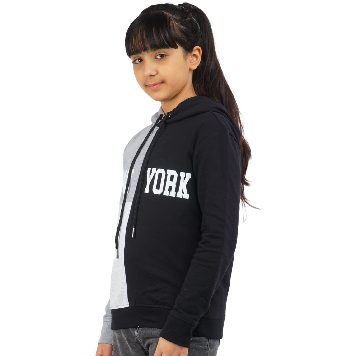 Real Basics Girls Cotton Hooded Neck Regular Hoodie (Rb-Ghood-P1-1516-Bgnewyork003_Grey_15-16 Years)