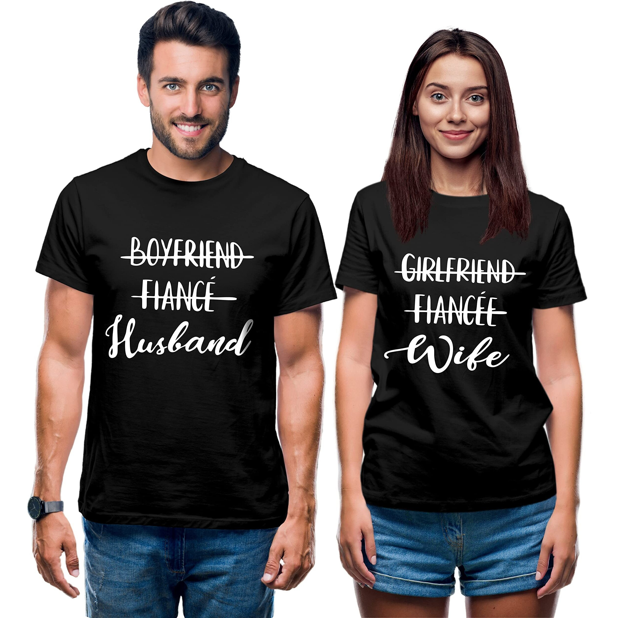 Hangout Hub Hh-P104 Men's & Women's Round Neck T-Shirt Boyfriend Fiance Husband-Girlfriend Fiancee Wife(BlackMen XxlWomen Xxl)-Pack Of 2-Couple T-Shirts