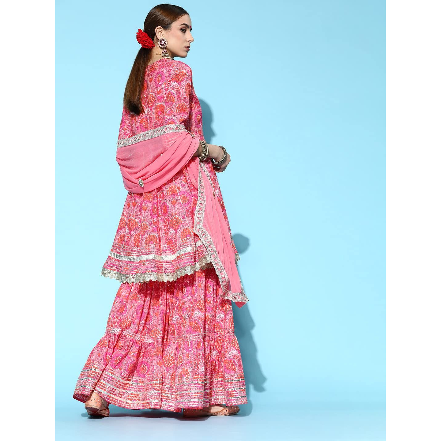 Ishin Women's Cotton Anarkali Embroidered Gotta Patti Kurta Suit Set With Dupatta & Sharara Kpldyt-20012_L_Pink
