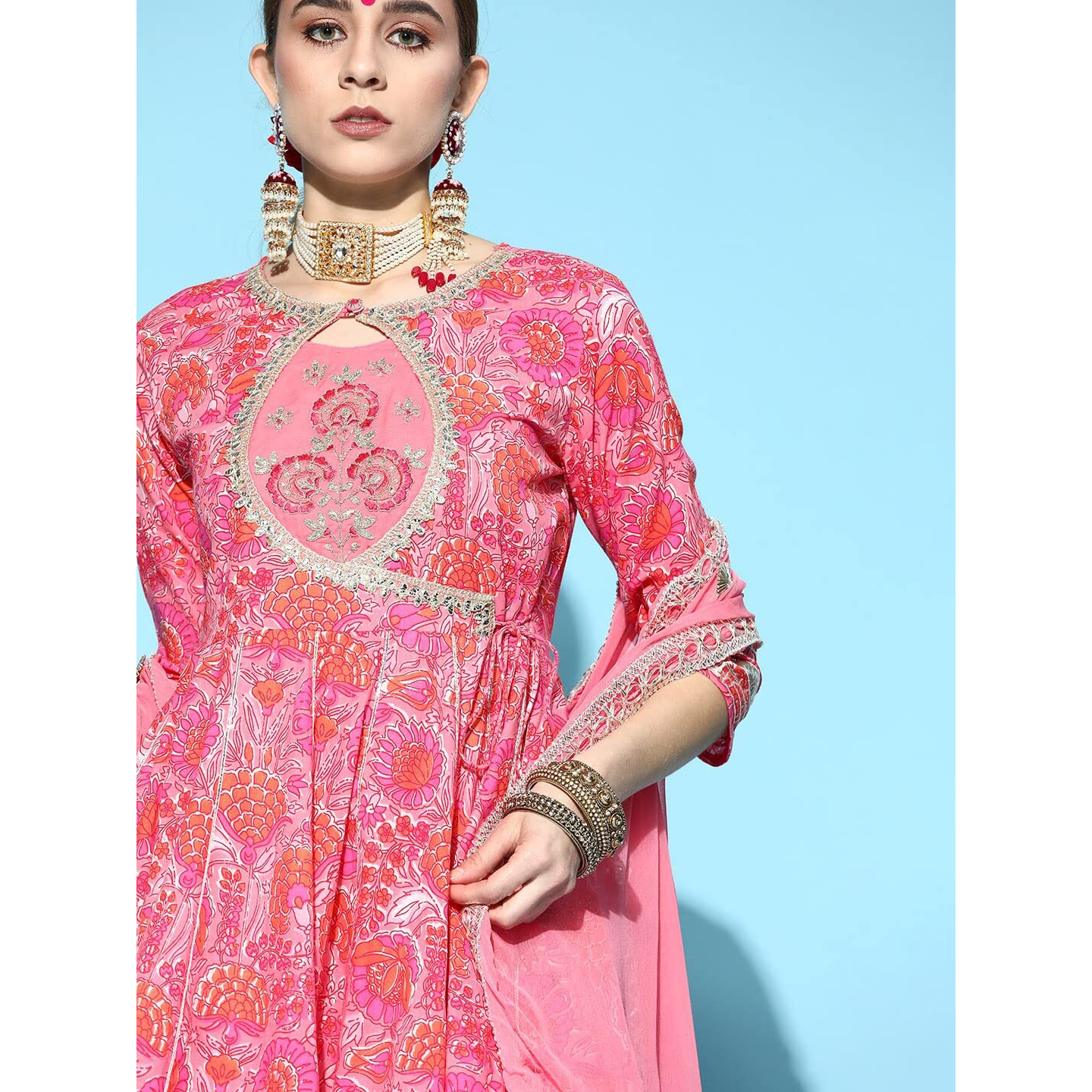 Ishin Women's Cotton Anarkali Embroidered Gotta Patti Kurta Suit Set With Dupatta & Sharara Kpldyt-20012_L_Pink