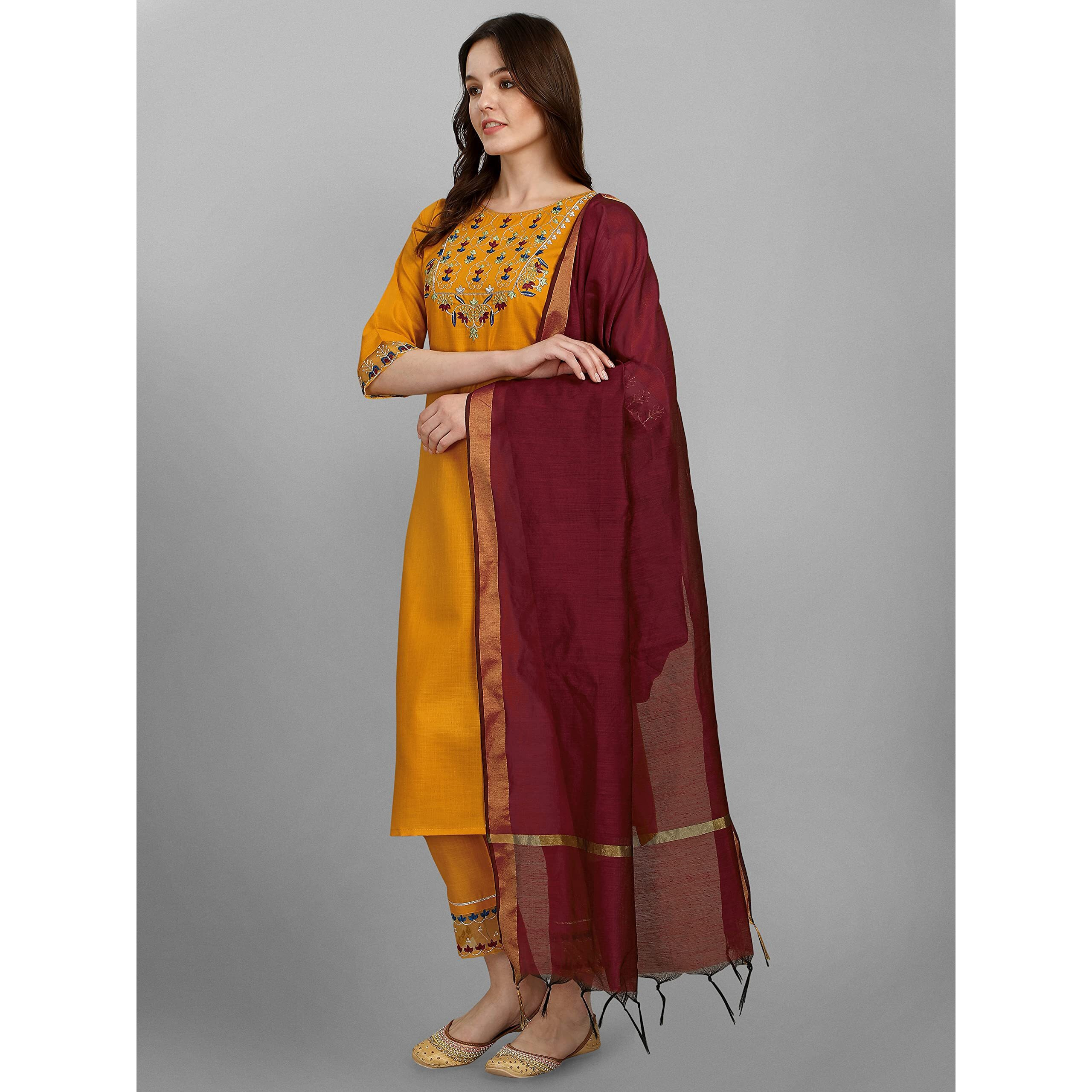 Vredevogel Cotton Blend Embroidery Straight Kurta Pant & Chanderi Dupatta Set For Women, Yellow, Small