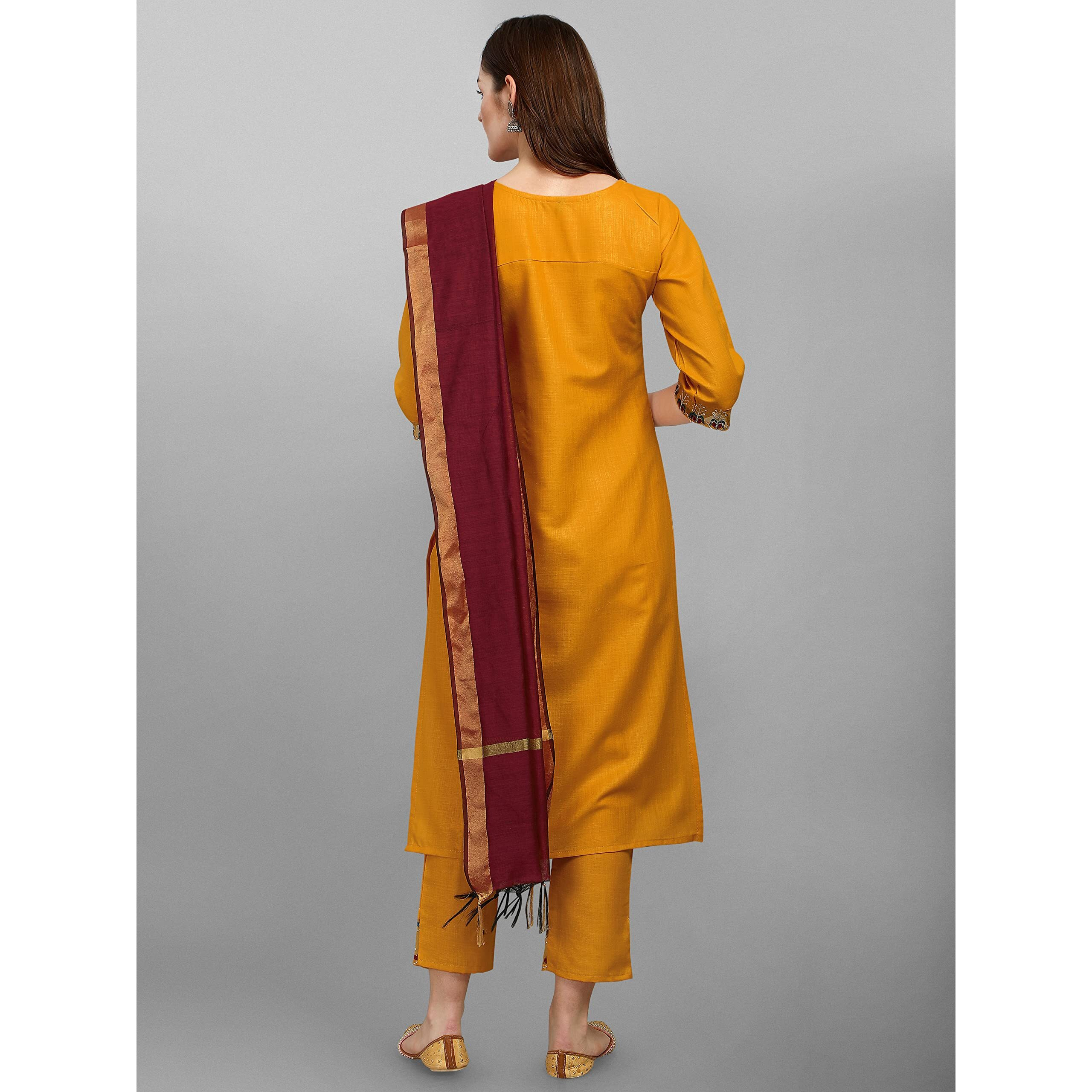 Vredevogel Cotton Blend Embroidery Straight Kurta Pant & Chanderi Dupatta Set For Women, Yellow, Small