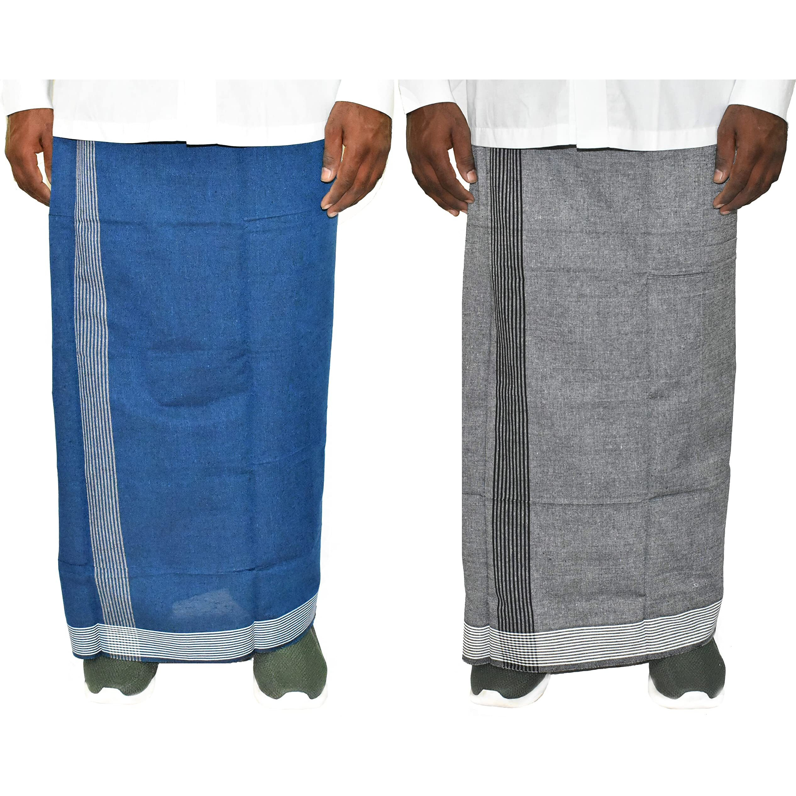Tuni Mani Men's Cool Cotton Dhoti Plain Solid/Length 2.0M (Pack Of 2) (20 Royal Blue & Grey)
