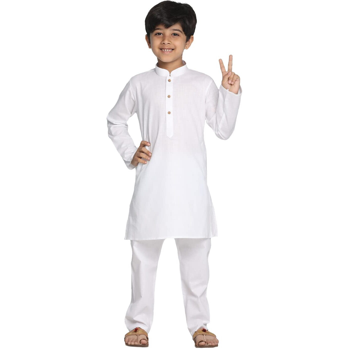 Vastramay Boys' Cotton Solid Color Kurta With Full Sleeves, Mandarin Collar & Wooden Buttons  White Elasticated Waist Pyjama Set For Eid/Holi
