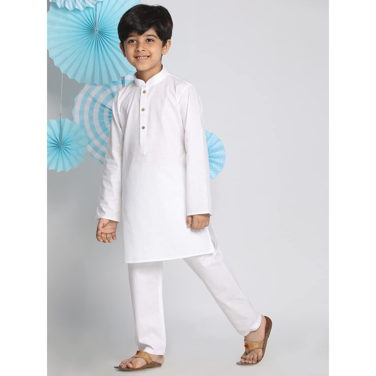 Vastramay Boys' Cotton Solid Color Kurta With Full Sleeves, Mandarin Collar & Wooden Buttons  White Elasticated Waist Pyjama Set For Eid/Holi
