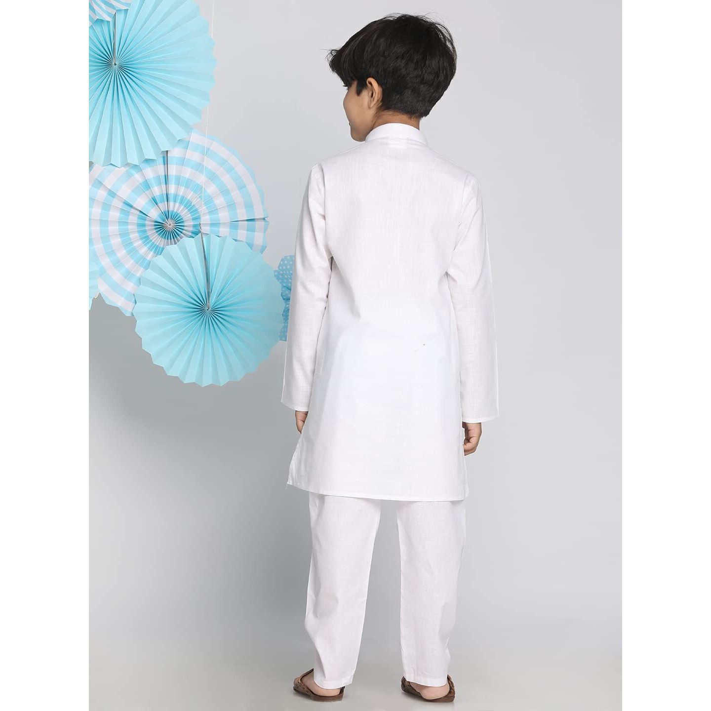 Vastramay Boys' Cotton Solid Color Kurta With Full Sleeves, Mandarin Collar & Wooden Buttons  White Elasticated Waist Pyjama Set For Eid/Holi