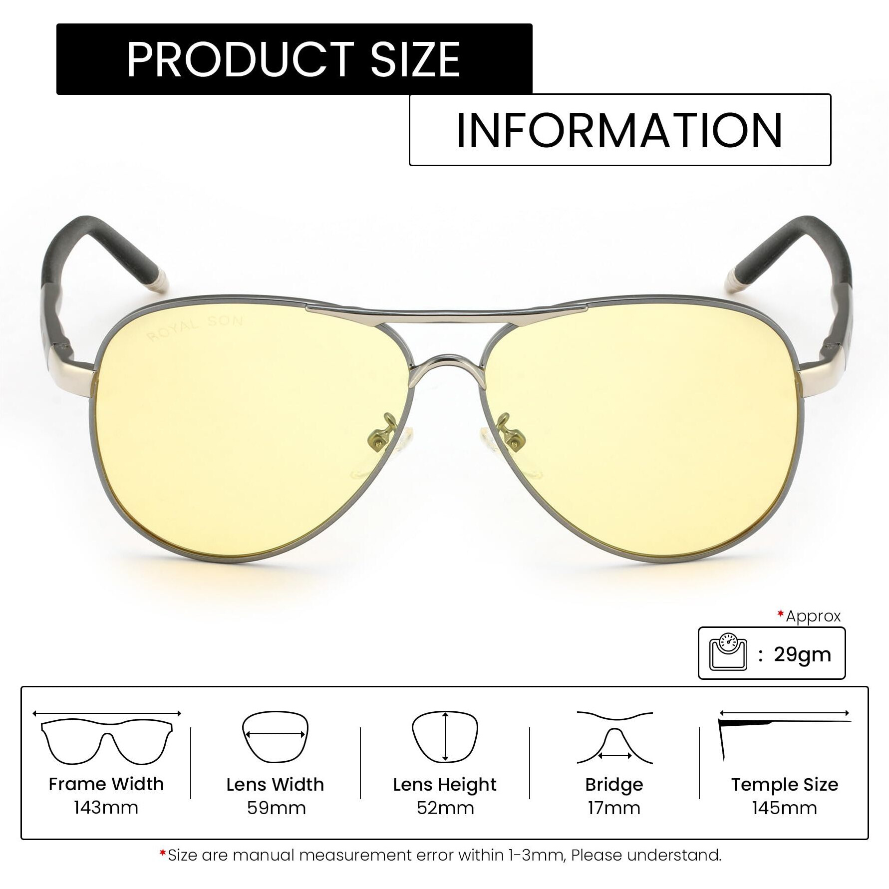 Royal Son Men Women Aviator Polarized Sunglasses Yellow Lens - Chi0082-C4-R1