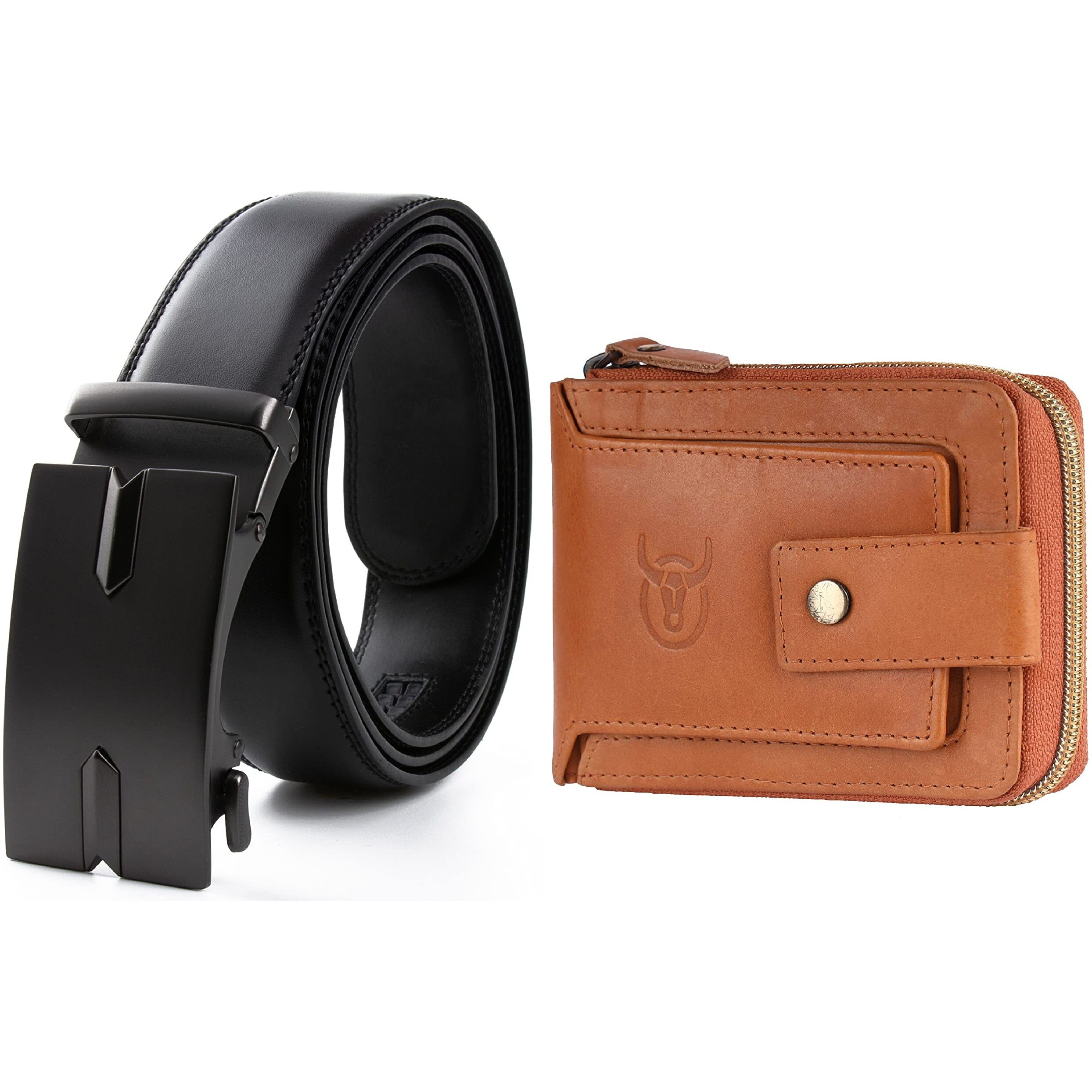 Contacts Men Leather Auto Lock Buckle Belt And Rfid Protected Genuine Leather Wallet Combo Black03 & N87Beige