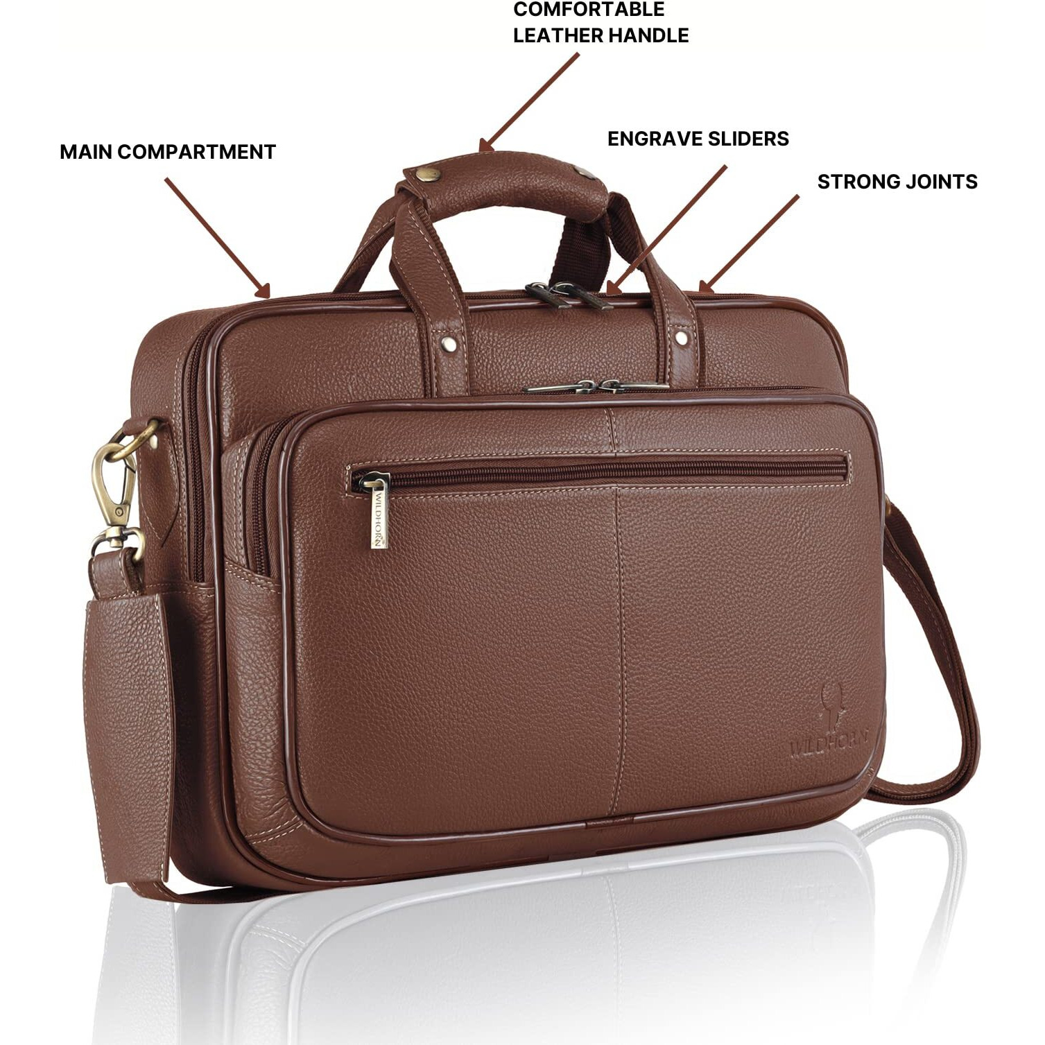 Wildhorn Classic Leather 15 Inch Laptop Messenger Bag For Men I Office Bags I Travel Bags I Carry Handles With Adjustable Strap I Dimension L- 15.5 Inch H-11.5 Inch W- 3.5 Inch (Brown W)