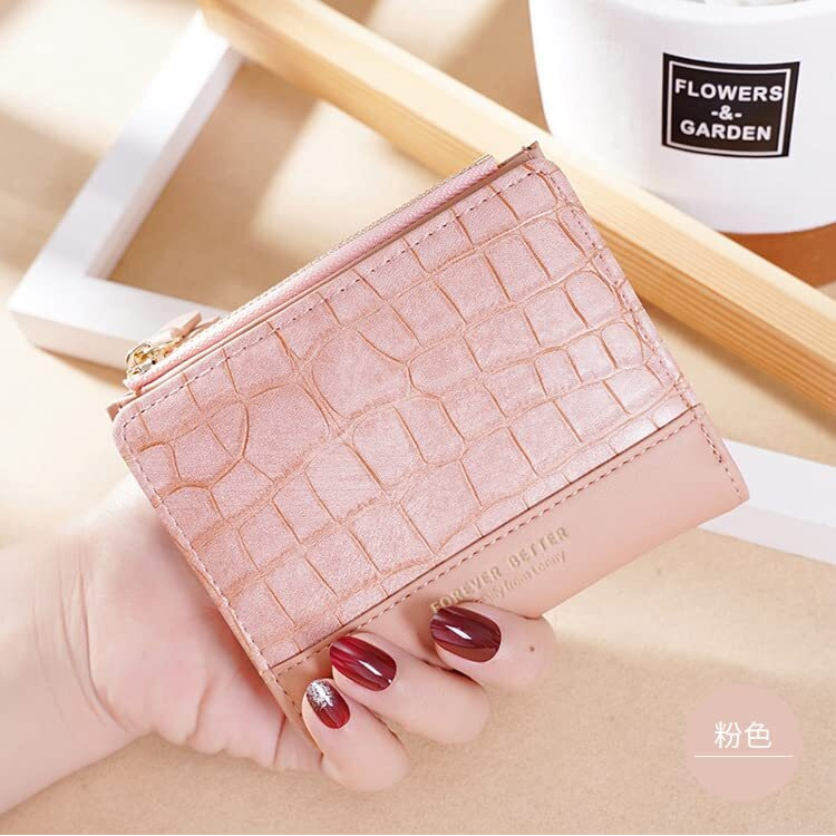 Valerie Small Women's Crocodile Print Wallet Pu Leather Multi Fold Wallets Credit Card Holder Coin Purse Zipper Small Clutch Secure Card Case/Gift Wallet For Women And Girls (Pink)