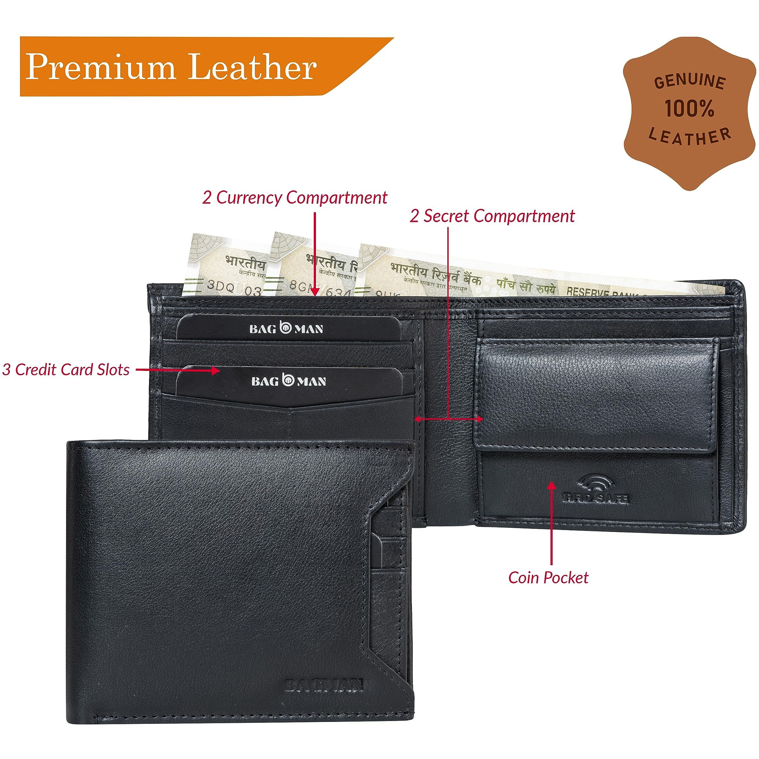 Bagman Men's Leather Wallet | Rfid Protected Wallet For Men With 7 Card Slots, 2 Secret Compartments | Ideal Gents Wallet And Purse Gift For Men (Black)