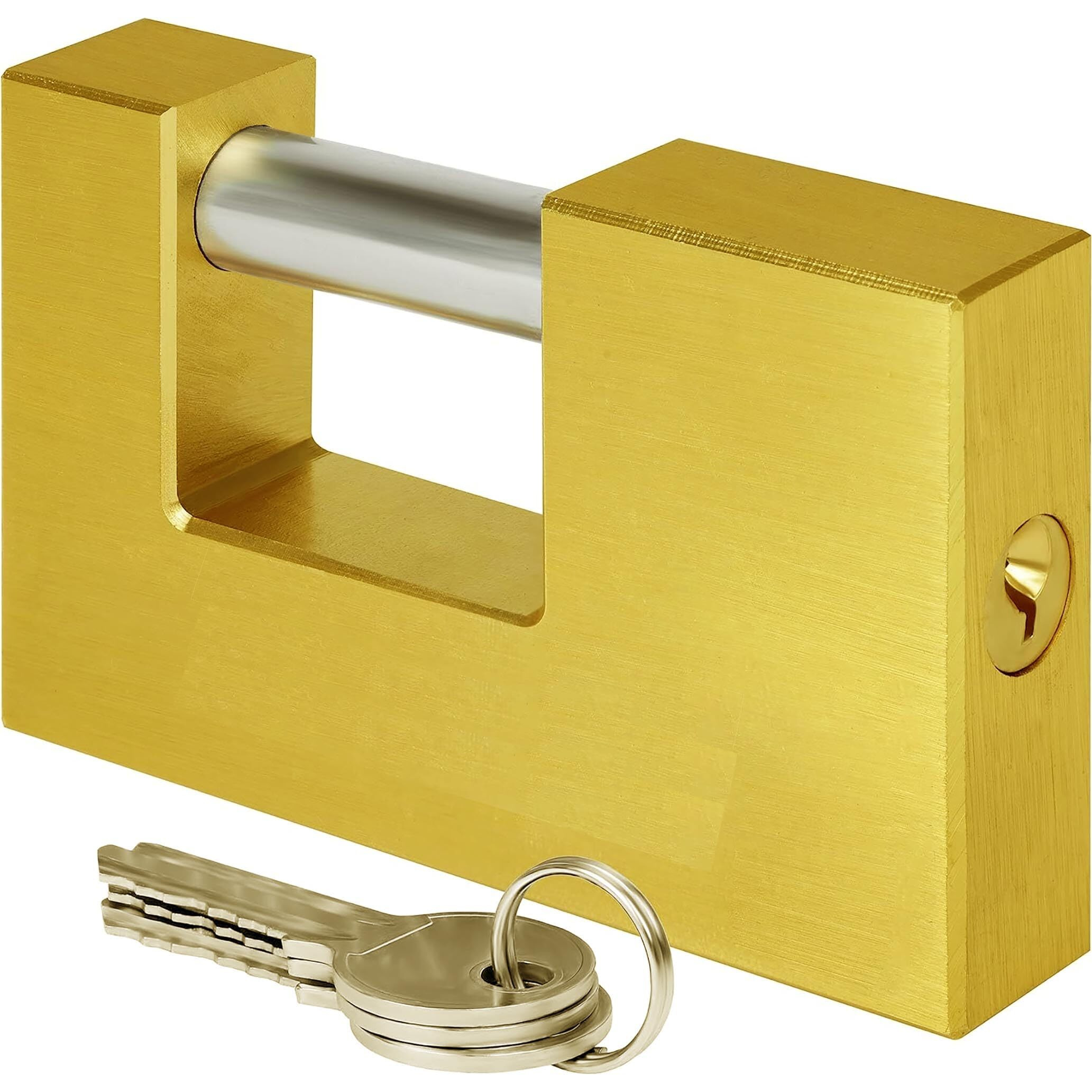 Krevia Zink Alloy Rectangular Gold Padlock | Anti-Theft Copper Monoblock Lock With 3 Keys | Anti Drill Cylinder Lock For Garages, Containers, Sheds, Shutters, Lockers, Gates And Warehouses