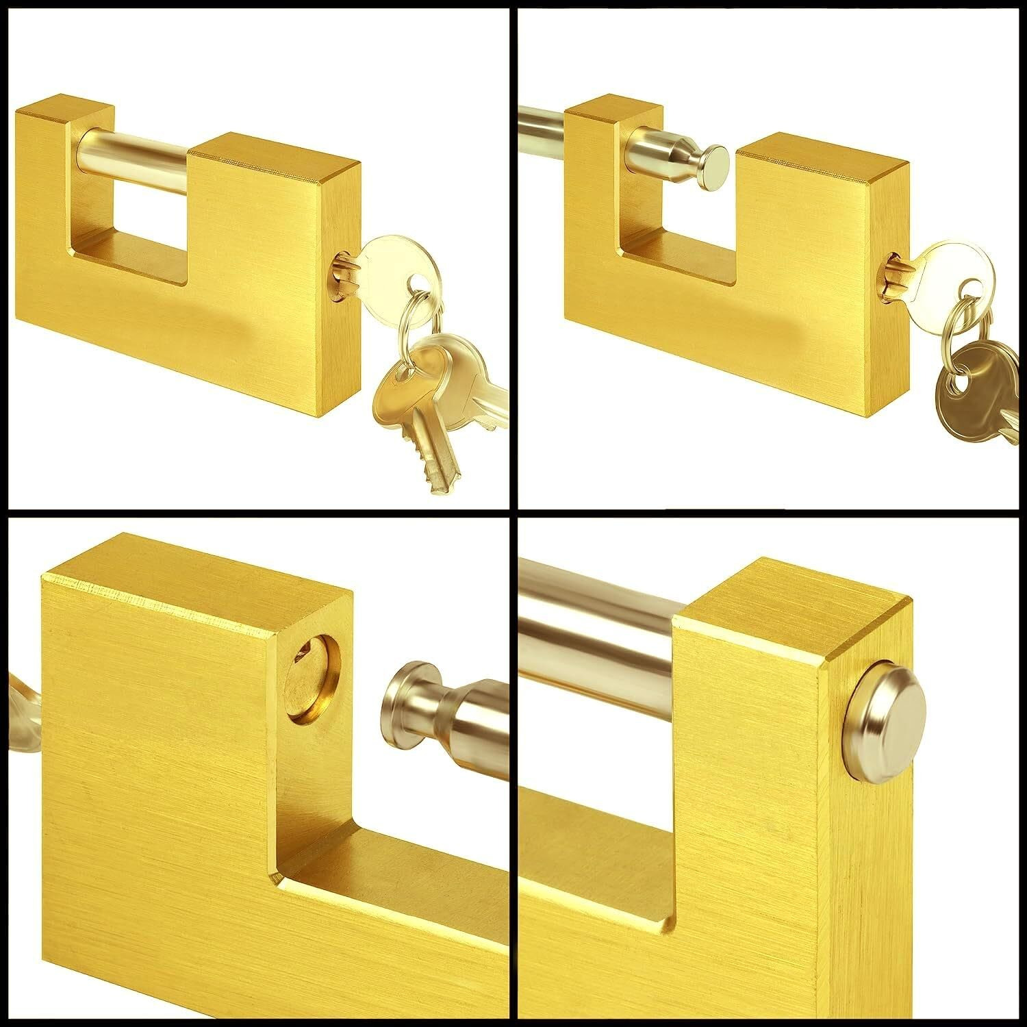Krevia Zink Alloy Rectangular Gold Padlock | Anti-Theft Copper Monoblock Lock With 3 Keys | Anti Drill Cylinder Lock For Garages, Containers, Sheds, Shutters, Lockers, Gates And Warehouses
