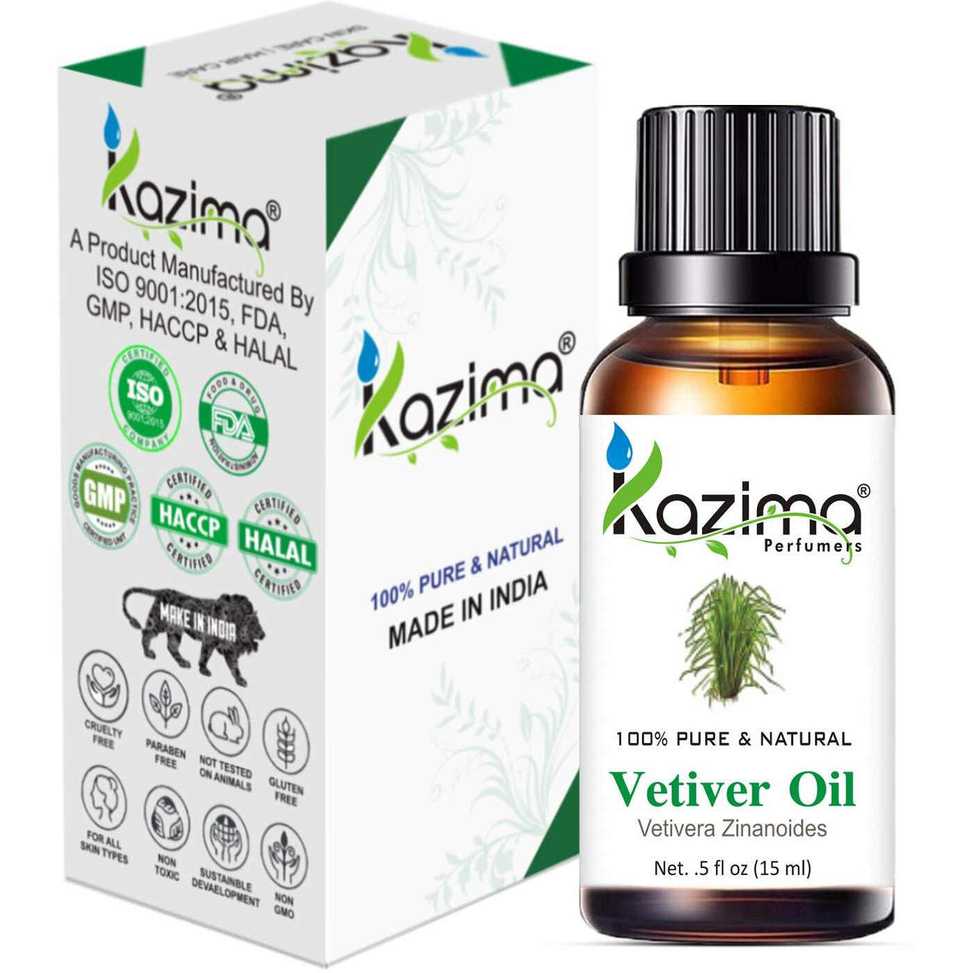 Kazima Vetiver Essential Oil - 100% Pure Natural & Undiluted For Skin Care & Hair (15Ml)