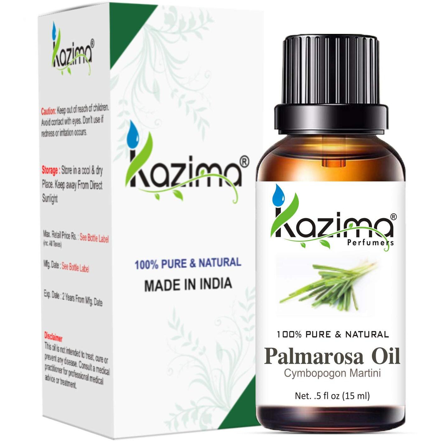 Kazima Palmarosa Essential Oil - 100% Pure Natural & Undiluted For Skin Care & Hair (15Ml)